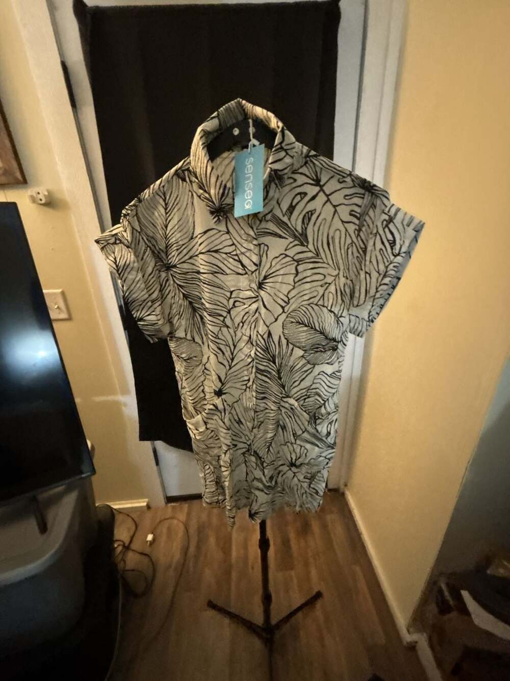 sensea Black and White Leaf Print Short Sleeve Button-Down Romper with Pockets